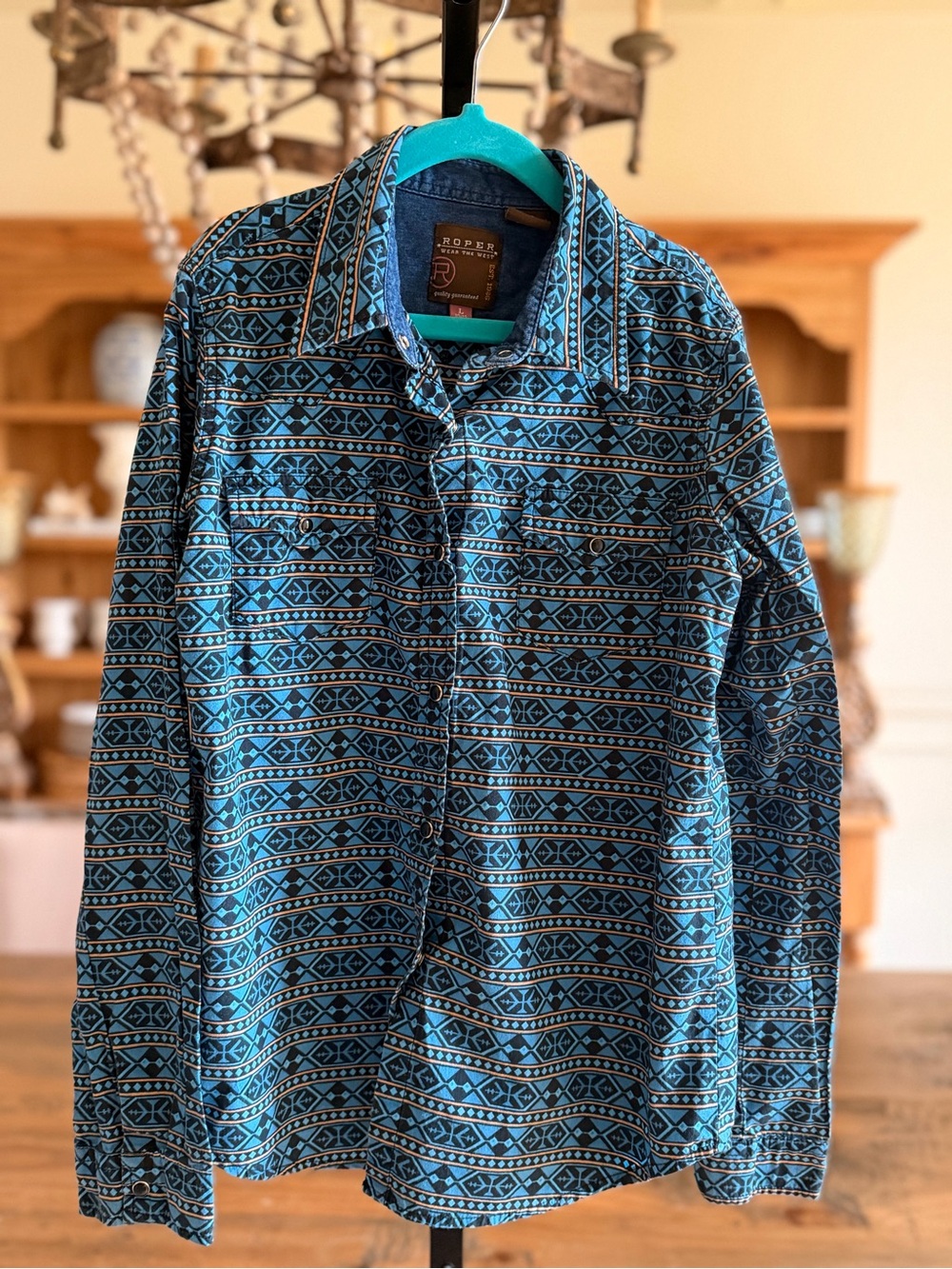 🤠 Roper Turquoise Aztec - Girl's Western Snap Shirt ~ Youth Large